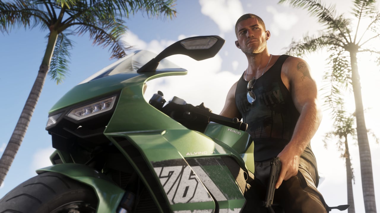 Jason Duval stands beside a green Principe sports motorcycle with a pistol in his hand under palm trees in official GTA VI artwork