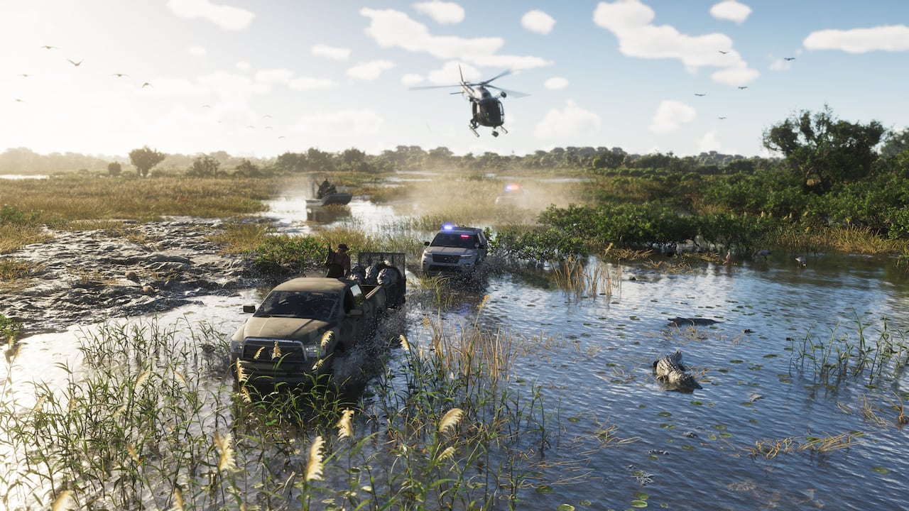 A camouflaged pickup truck ploughs through a shallow Leonida wetland chased by a police SUV, an airboat and a helicopter while an alligator lies in the water in the right foreground, in official GTA VI artwork