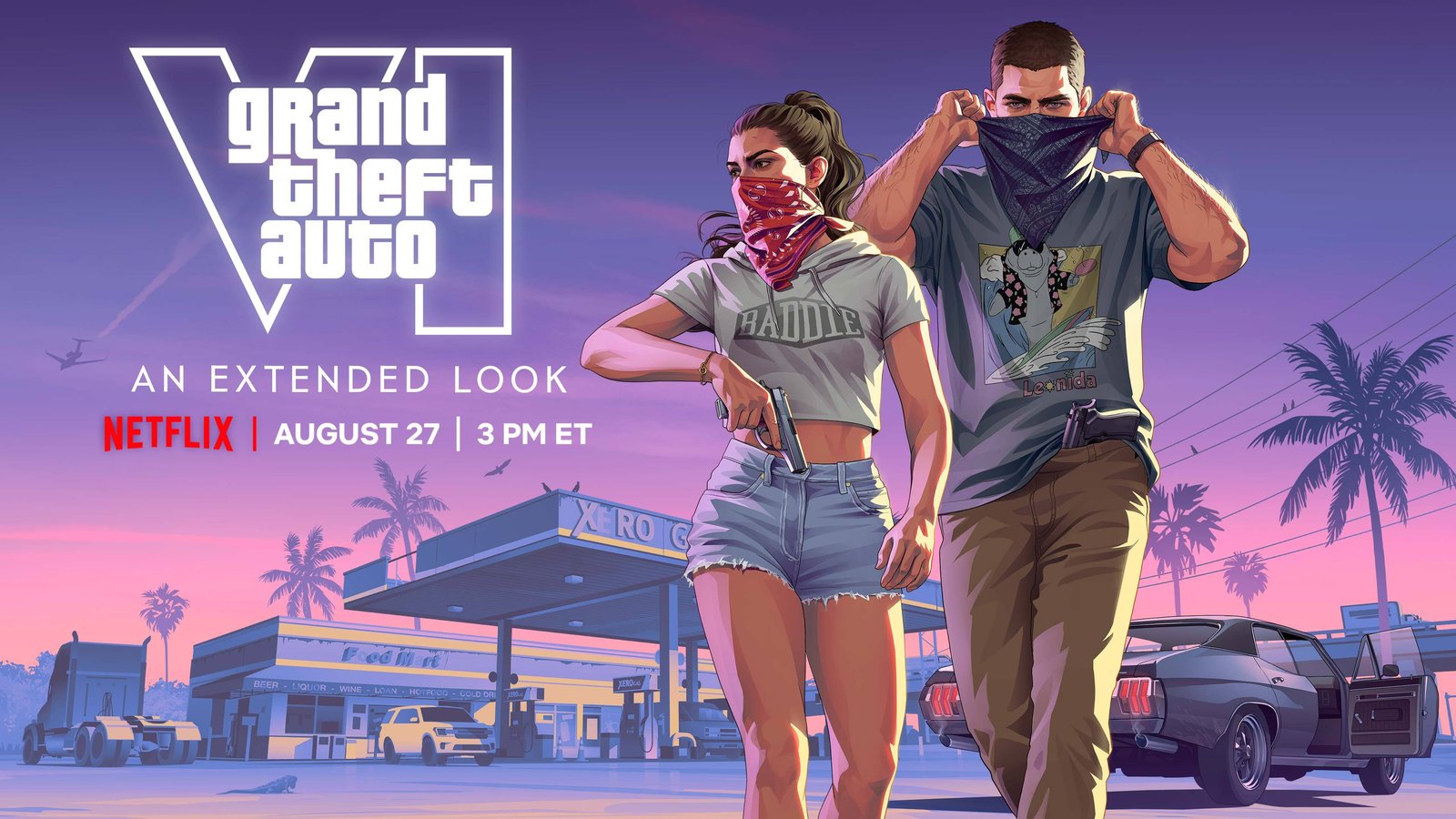 Lucia and Jason pull bandana masks over their faces outside a Vice City gas station in official GTA VI artwork