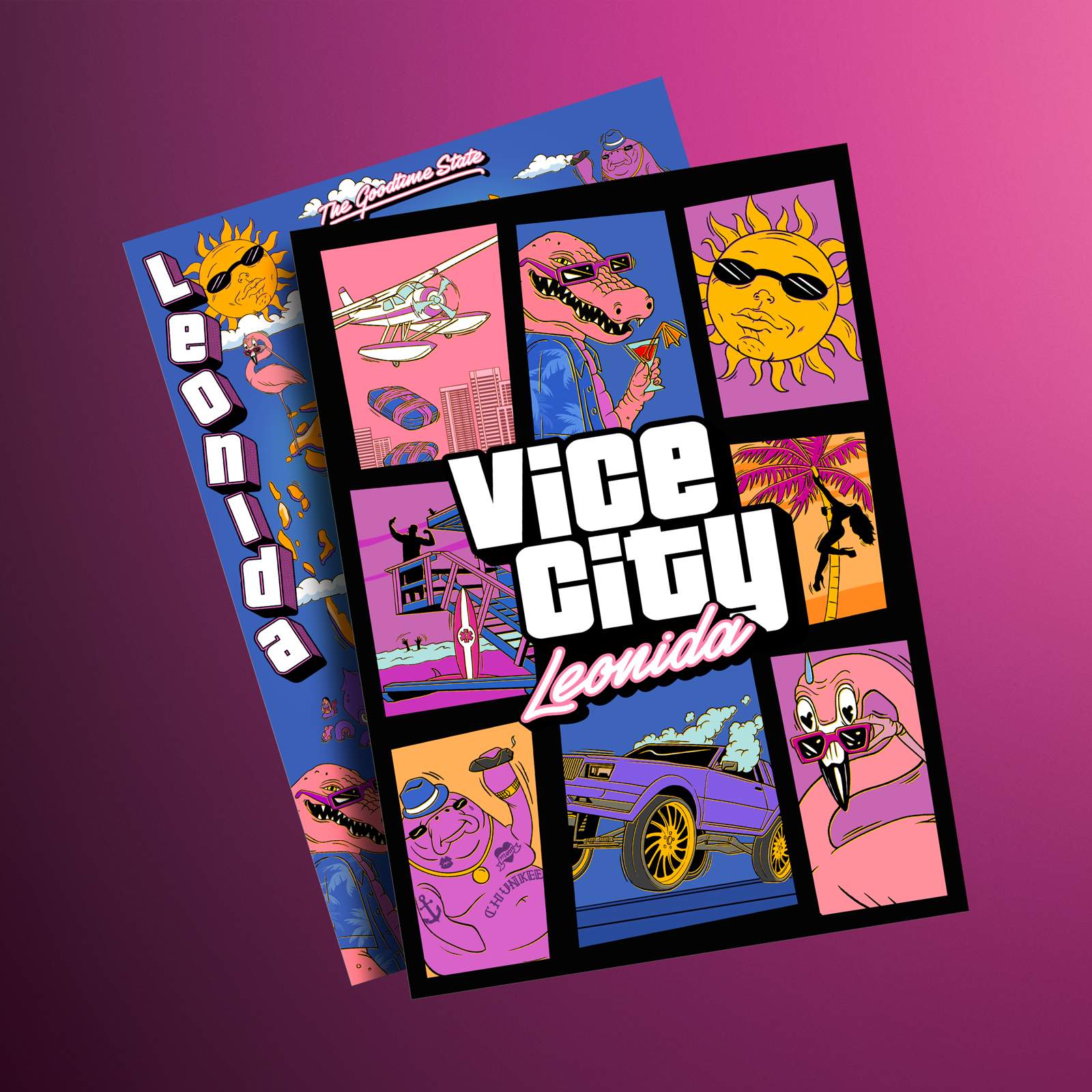 Two sheets of the Vice City Leonida souvenir poster fanned out on a magenta background, the front a nine-panel cartoon grid around a Vice City Leonida logo with a martini-drinking alligator and a manatee, the back a blue sheet with giant 3-D Leonida lettering, a sunglasses-wearing sun and a flamingo
