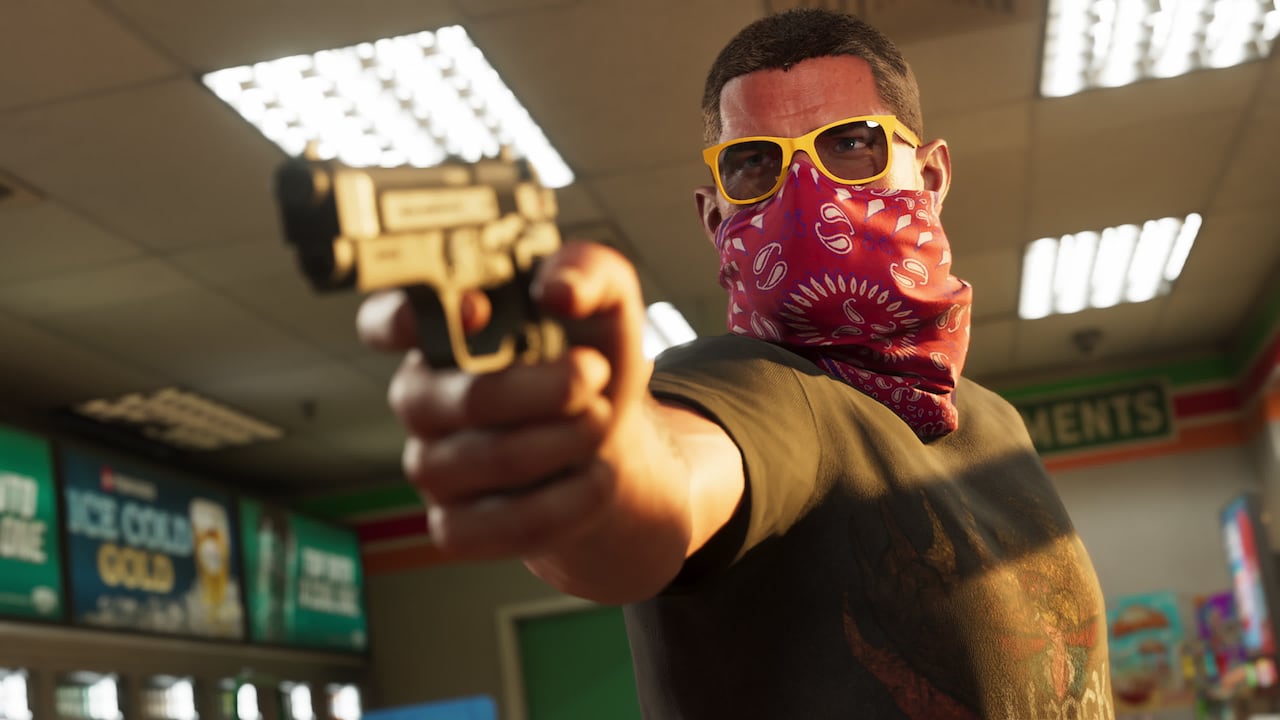 Jason and Lucia stand inside a convenience store in official GTA VI artwork