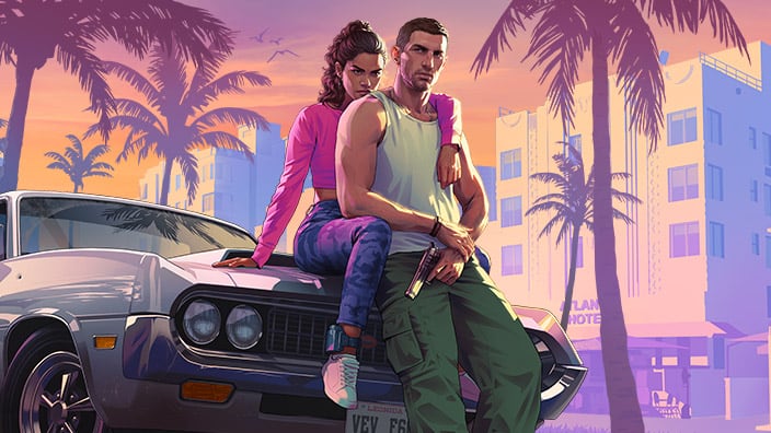 Lucia sits on the hood of a classic car leaning on Jason, who holds a pistol, among Vice City palms at sunset