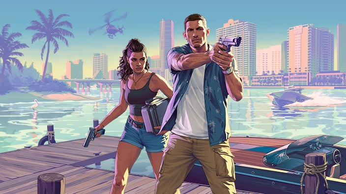 Jason aims a pistol and Lucia holds a cash box on a Vice City dock with a police boat behind them in official GTA VI artwork